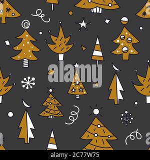 Christmas tree doodles seamless pattern for greeting cards or banners. Hand drawn print with Christmas trees for wrapping paper, textiles Stock Vector
