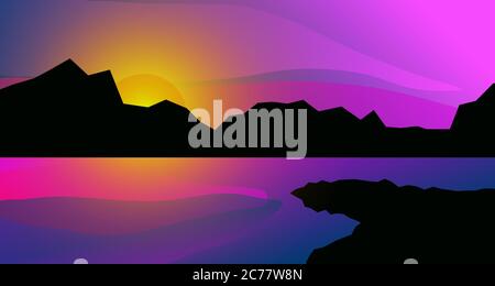 Abstract minimal landscape with mountains and river, lake or sea, geometric cartoon summer landscape Stock Vector