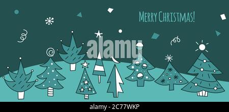 Christmas greeting card with Doodle trees. Hand drawn Christmas banner. Winter forest background Stock Vector