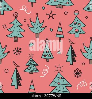 Christmas tree doodles seamless pattern for greeting cards or banners. Hand drawn print with Christmas trees for wrapping paper, textiles Stock Vector