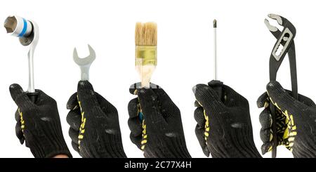 collage with tools on white background Stock Photo
