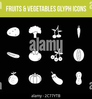 Unique fruits & vegetables vector glyph icon set Stock Vector