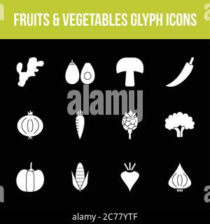 Unique fruits & vegetables vector glyph icon set Stock Vector