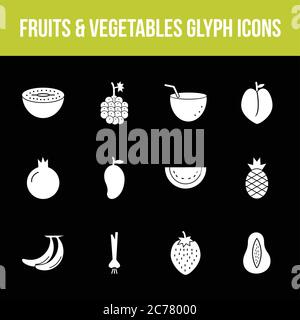 Unique fruits & vegetables vector glyph icon set Stock Vector