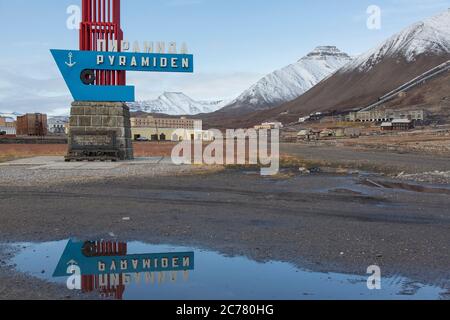 View of the abandoned Russian town of Pyramiden. Svalbard, Norway Stock Photo