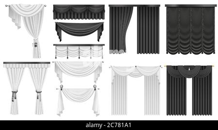 Black and white velvet silk curtains and draperies set. Interior realistic luxury curtains decoration design Stock Vector