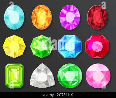 Vector Colored gems diamonds set isolated on black Stock Vector
