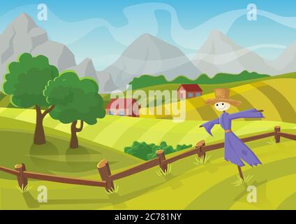 Sunny rural landscape with hills, trees, mountains and fields. Vector illustration of beautiful autumn summer landscape. Green and yellow farm field Stock Vector