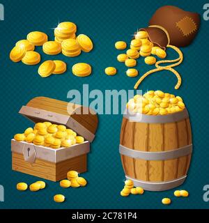 Old wooden chest, barrel, old bag with gold coins. Game style treasure vector illustration Stock Vector