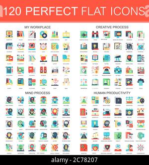 120 vector complex flat icons concept symbols of my workplace, creative process, mind process, human productivity. Web infographic icon design Stock Vector