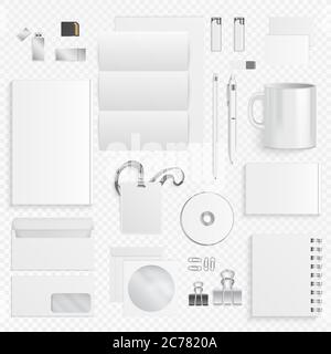 Corporate identity business items. Vector icons of supplies and office stationery, pen, business info card, envelope paper bag, mug and id badges notepads. Stock Vector