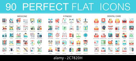 180 vector complex flat icons concept symbols of medicine, sport fitness, dental care. Web infographic icon design Stock Vector