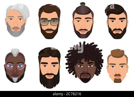 Colorful cartoon hipsters bearded men guys avatars with different hairstyles, beards and mustaches isolated Stock Vector