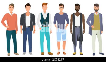 Stylish handsome men dressed in casual fashion male style clothes, vector illustration. Cartoon flat vector illustration Stock Vector