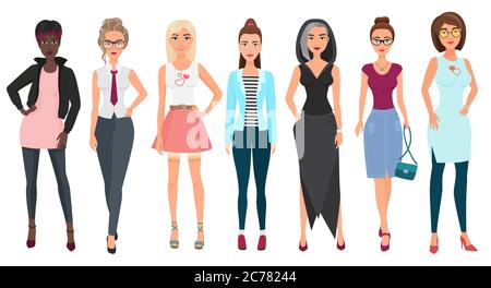 Beautiful cute young women in fashion clothes. Detailed girls female characters. Flat style vector illustration Stock Vector