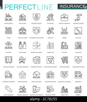 Insurance thin line web icons set. Car, house, health, life insurance outline stroke icons design Stock Vector