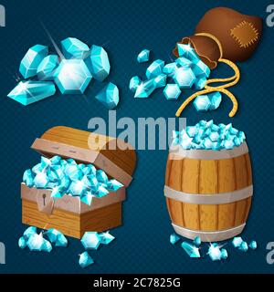 Old wooden chest, barrel, old bag with gems diamonds. Game style treasure vector illustration Stock Vector