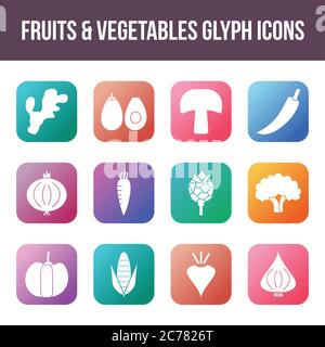 Unique fruits & vegetables vector glyph icon set Stock Vector