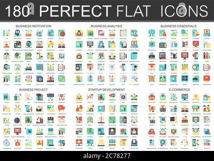 180 vector complex flat icons concept symbols of business motivation, analysis, essentials, business project, startup development and e commerce. Web infographic icon design Stock Vector