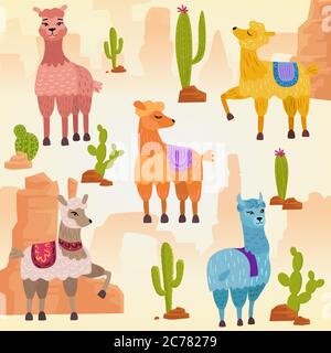 Vector Illustration set of cute vector alpaca lama and cactus with stones and rocks Stock Vector