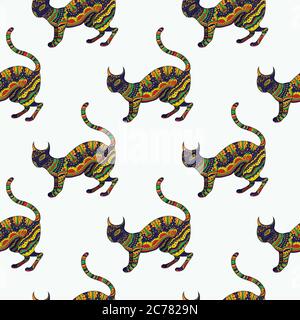 Seamless pattern with ornamental psychedelic cat, Stock Vector
