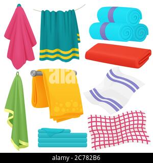 Cartoon towels vector set. Cloth towel for bath, illustration of cartoon fabric towel for hygiene Stock Vector