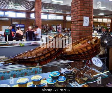 Russia, Astrakhan Oblast.  The city of Astrakhan has one of the largest fish market in the country. The sturgeons  are present in all the stalls. Astrakhan is the city of golden eggs, the famous sturgeon caviar. Stock Photo