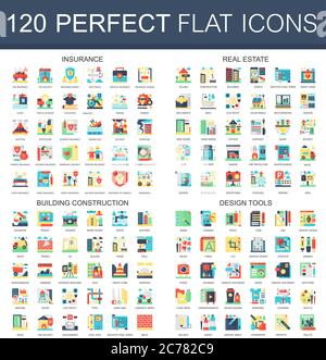 120 vector complex flat icons concept symbols of insurance, real estate, building construction, design tools. Web infographic icon design Stock Vector