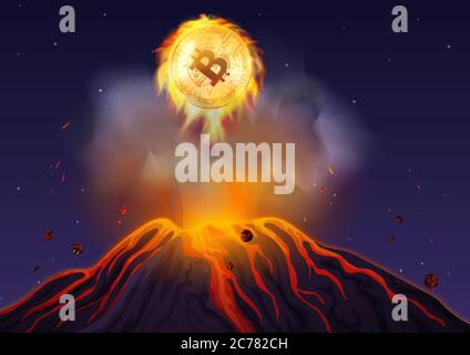 Vector illustration of bitcoin in fire flying out of volcano at night. Bitcoin volcano explosion Stock Vector