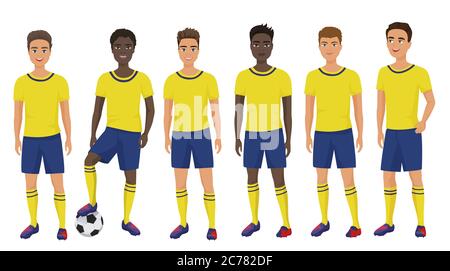 Vector flat school football soccer young guys team in uniform isolated Stock Vector