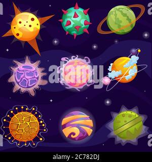 Vector Cute cartoon fantasy fantastic planets set on galaxy stars background Stock Vector
