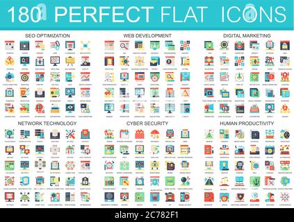 180 vector complex flat icons concept symbols of seo optimization, web development, digital marketing, network technology, cyber security, human productivity. Web infographic icon design Stock Vector