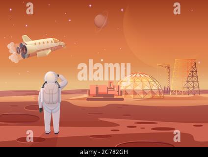 Vector illustration of astronaut standing at Mars colony and looking at flying spaceship Stock Vector