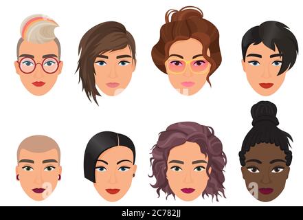 Woman female avatar set vector illustration. Modern multiethic beautiful young girls portrait with different fashion hair style Stock Vector
