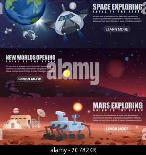 Vector illustration banners of space flight spaceships exploration, alien planets in outer space, galaxy Mars rover and colonization Stock Vector