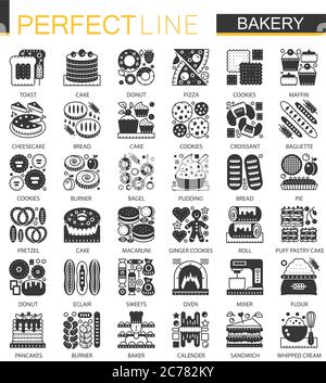 Vector Bakery and pastry classic black mini concept icons and infographic symbols Stock Vector