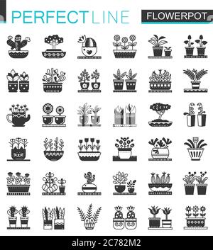 Vector Flowerpots classic black concept icons isolated Stock Vector