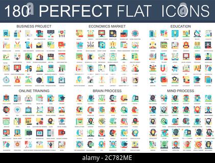 180 vector complex flat icons concept symbols of business project, economics market, education, online training, brain process, mind process. Web infographic icon design Stock Vector