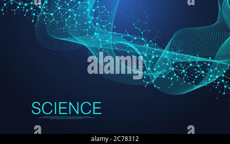 Molecular structure background. Science template wallpaper or banner with a DNA molecules. Asbtract molecule background with hexagons, wave flow Stock Vector