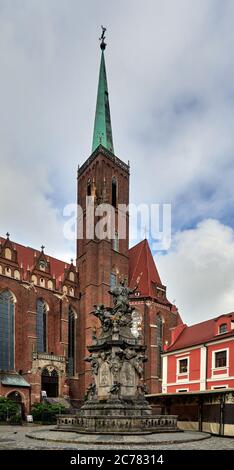 Poland, Wroclaw city,province of Lower Silesia, Statue of St. John Nepomunk created by Jan Ji&#x159,i Urbansky in 1732 opposite the Collegiate Church of the Holy Cross and St. Bartholomew on Cathedral Island. Stock Photo