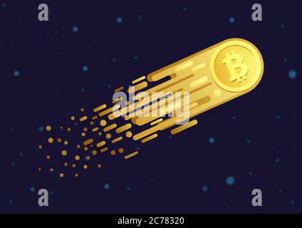 Vector Cartoon illustration of comet with golden bitcoin symbol flying in open space Stock Vector