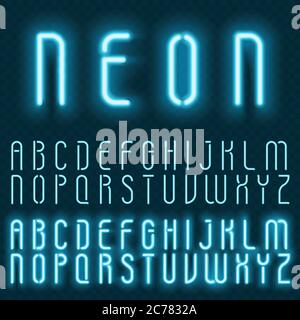 Realistic vector neon alphabet. Bright glowing letters font on the transperant background Stock Vector