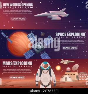 Vector illustration of different banners with planets colonization, astronaut dedicated to space exploring, spaceship force, solar system exploration by satellites Stock Vector