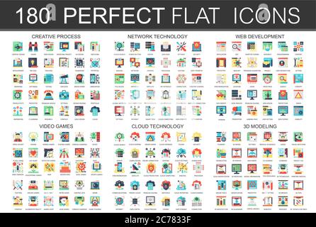 180 vector complex flat icons concept symbols of creative process, network technology, web development, video games, cloud technology, 3d modeling. Web infographic icon design Stock Vector
