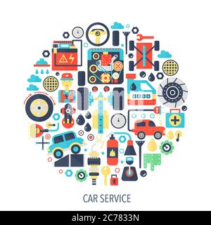 Car service flat infographics icons in circle - color concept illustration for car service cover, emblem, template Stock Vector