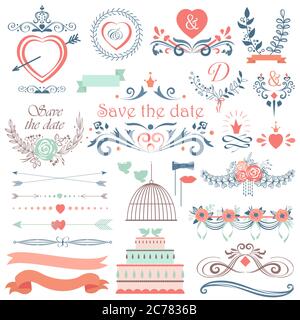 Romantic hand drawn vector wedding graphic set of cakes, arrows, flowers, laurel, wreaths. Wintage ribbons and labels Stock Vector