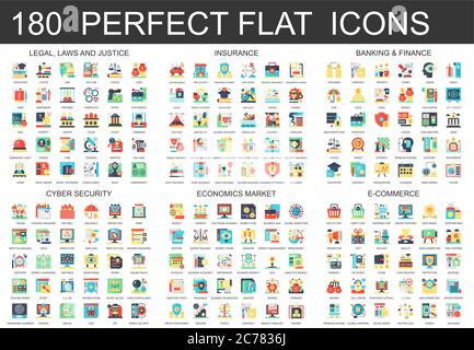 180 vector complex flat icons concept symbols of legal, laws and justice, insurance, banking finance, cyber security, economics market, e-commerce. Web infographic icon design Stock Vector