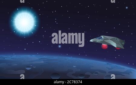 Vector illustration of spaceship flying over planet to blue star in opened space Stock Vector