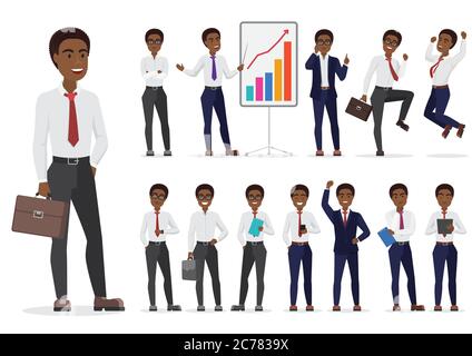 African American Businessman character different poses design. Vector cartoon man illustration Stock Vector