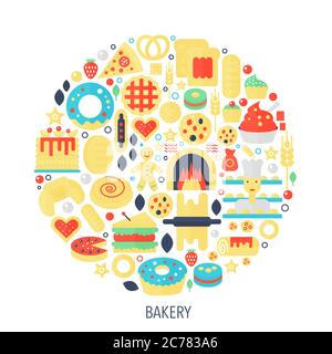 Bakery pastry flat infographics icons in circle - color concept illustration for bakery cover, emblem, template Stock Vector
